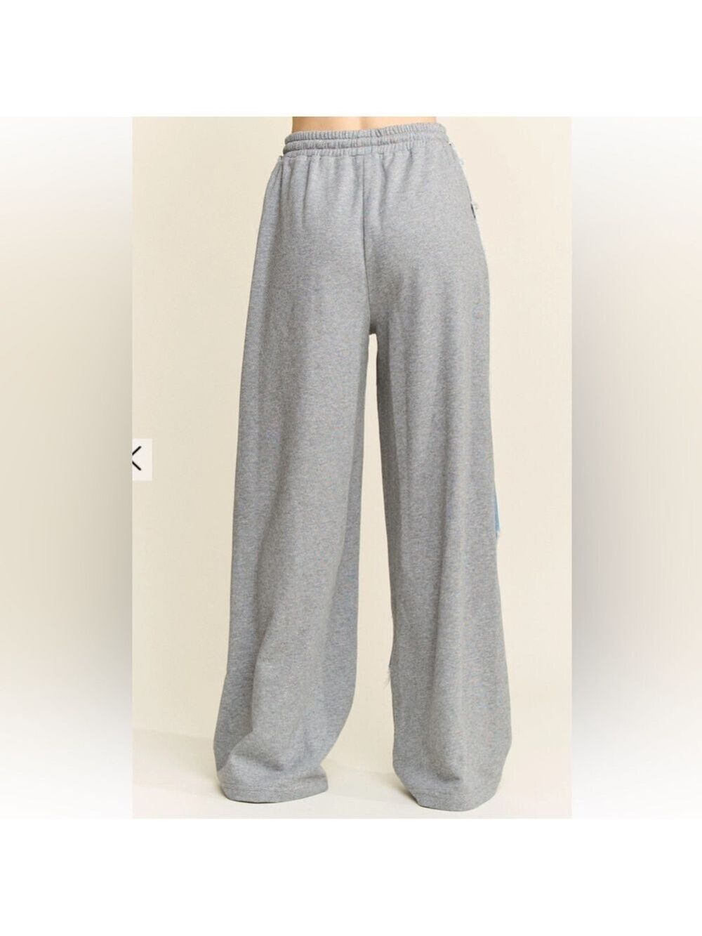 Distressed Two-Tone Wide Leg Jeans with Knit Side Panels - Light Blue - Picture 2 of 4